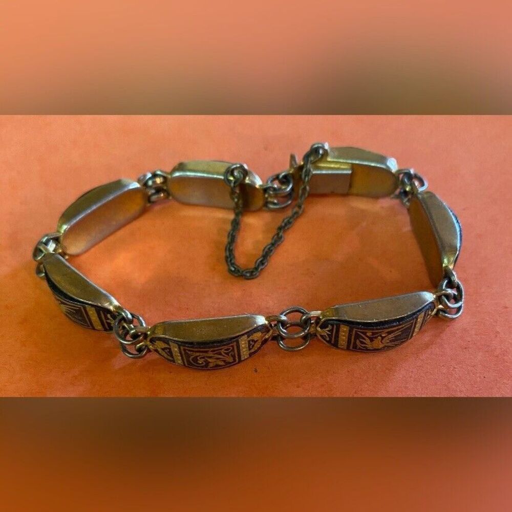 Vintage Women’s Bracelet Gold Black Damascene Flowers Birds 7”
